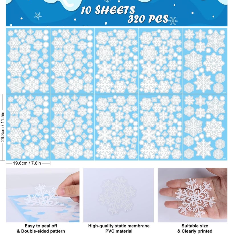 PPRAFDD 320 Pcs 10 Sheets Christmas Window Clings, Christmas Window Stickers, White Snowflake Window Decals, Double-Sided Reusable Winter Window Decoration Stickers for Holiday, Party Supplies - Image 2
